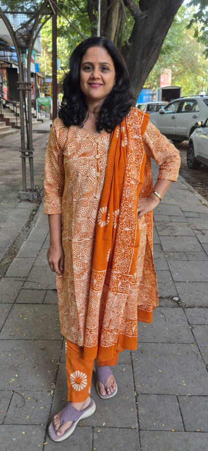 Mustard Yellow  Batik Cotton Full Suit With Dupatta