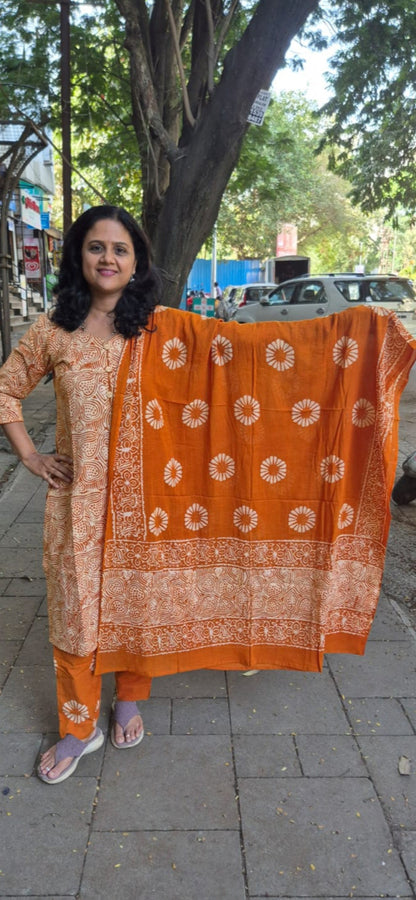 Mustard Yellow  Batik Cotton Full Suit With Dupatta