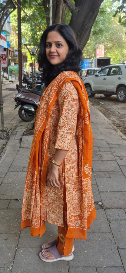 Mustard Yellow  Batik Cotton Full Suit With Dupatta