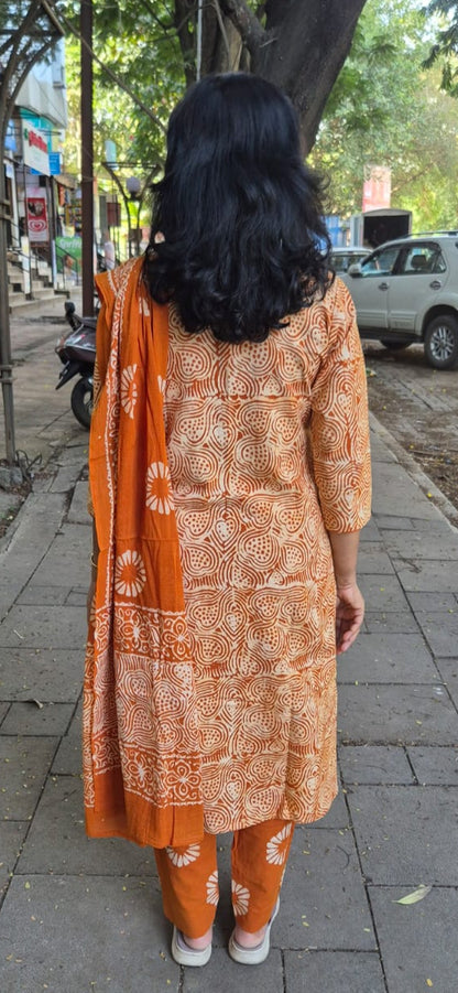 Mustard Yellow  Batik Cotton Full Suit With Dupatta