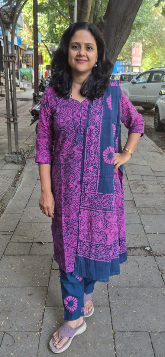 Magenta Pure Batik Cotton Full Suit With Dupatta