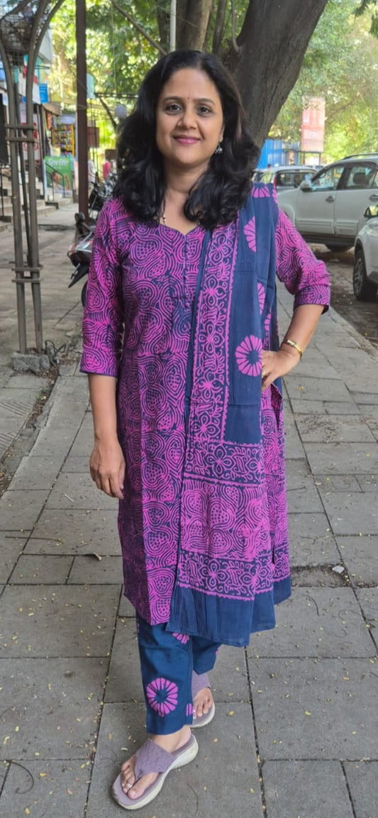 Magenta Pure Batik Cotton Full Suit With Dupatta