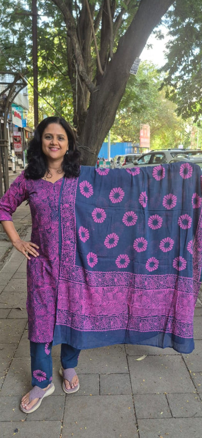 Magenta Pure Batik Cotton Full Suit With Dupatta