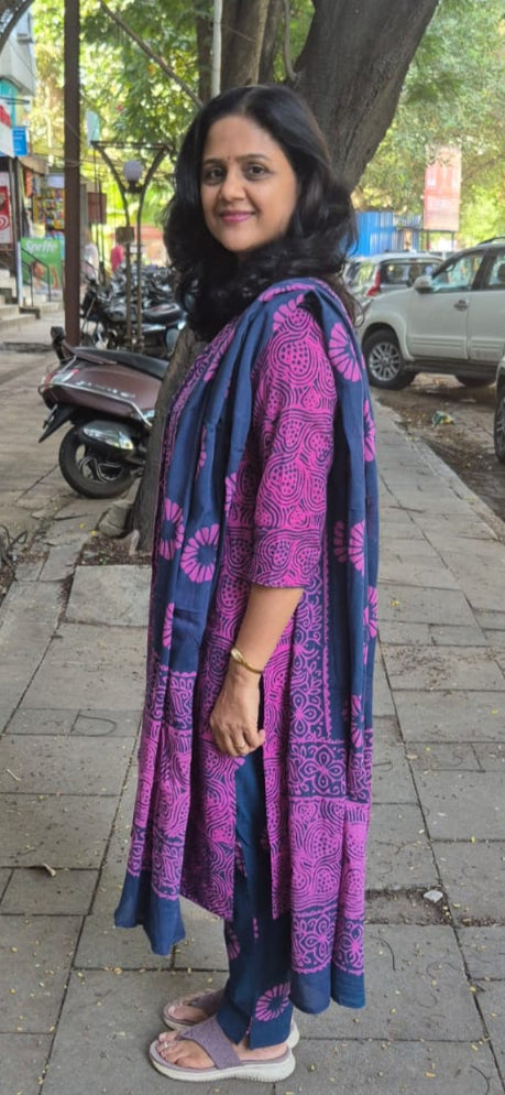 Magenta Pure Batik Cotton Full Suit With Dupatta