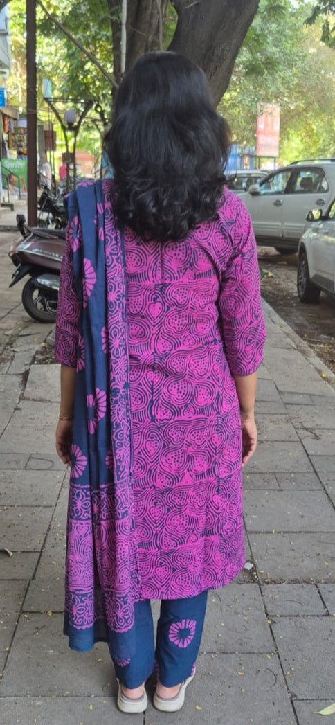 Magenta Pure Batik Cotton Full Suit With Dupatta