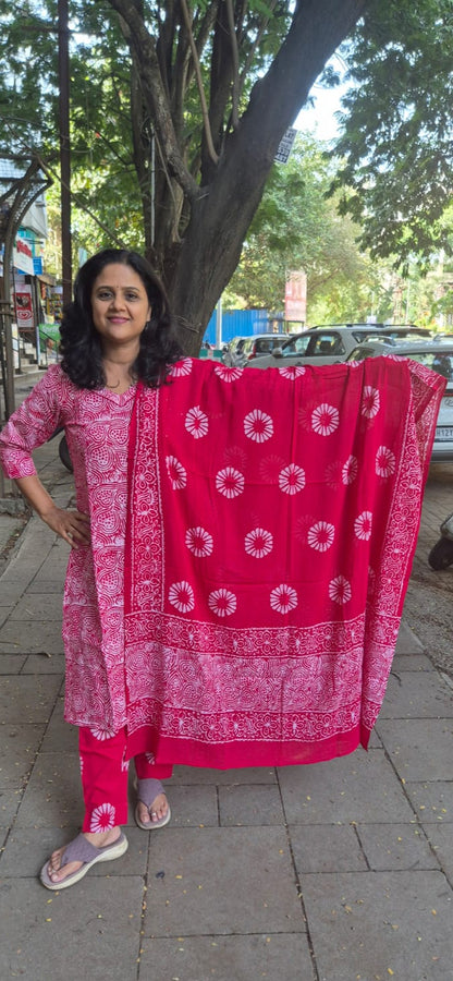 Red Pure Batik Cotton Full Suit With Dupatta