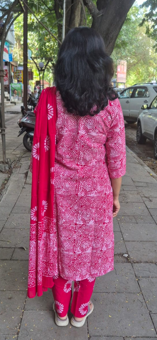 Red Pure Batik Cotton Full Suit With Dupatta