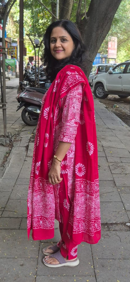 Red Pure Batik Cotton Full Suit With Dupatta