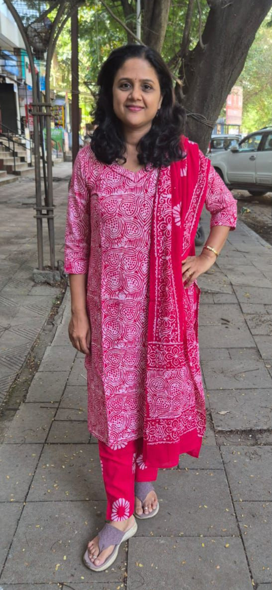 Red Pure Batik Cotton Full Suit With Dupatta