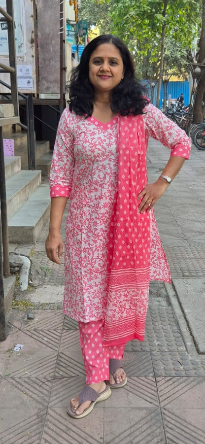 Pink Cotton Printed Full Suit With Dupatta
