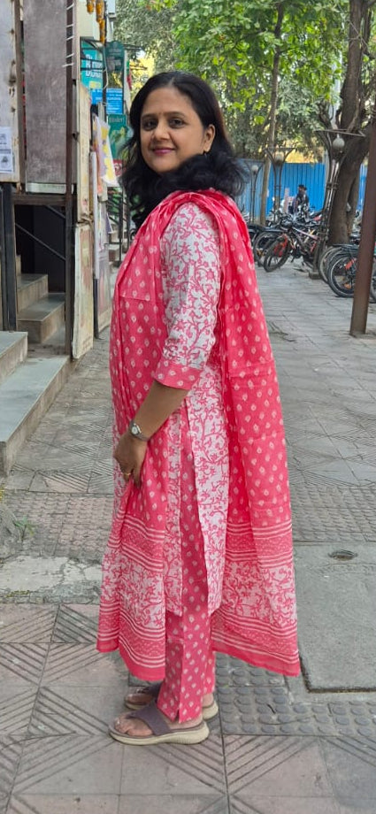 Pink Cotton Printed Full Suit With Dupatta
