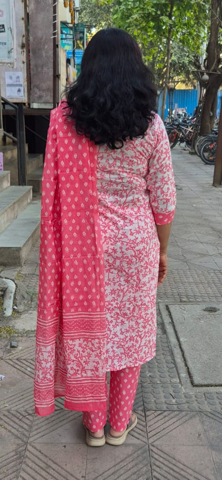 Pink Cotton Printed Full Suit With Dupatta