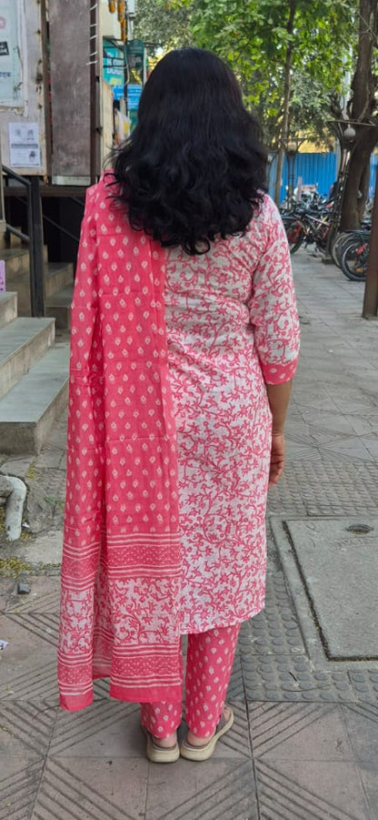 Pink Cotton Printed Full Suit With Dupatta