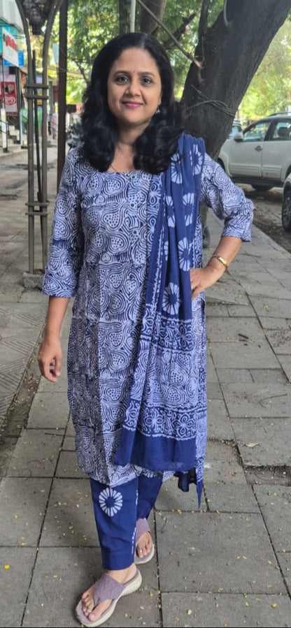Blue Pure Batik Cotton Full Suit With Dupatta