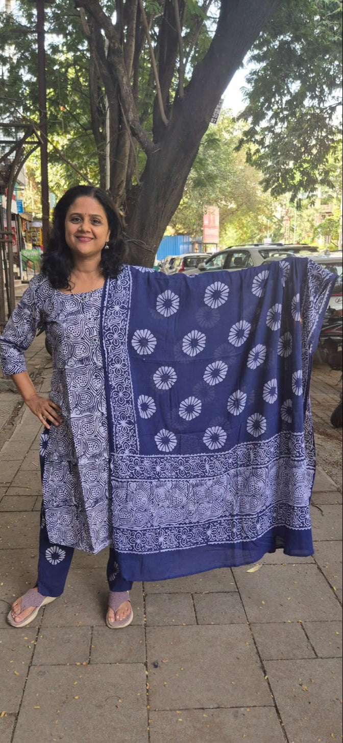 Blue Pure Batik Cotton Full Suit With Dupatta