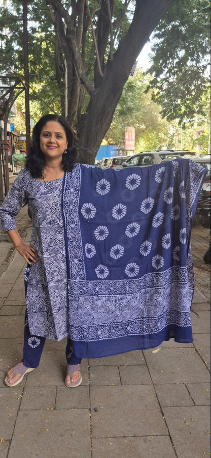 Blue Pure Batik Cotton Full Suit With Dupatta