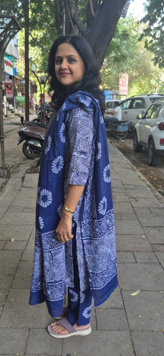 Blue Pure Batik Cotton Full Suit With Dupatta