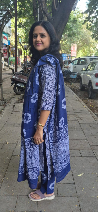 Blue Pure Batik Cotton Full Suit With Dupatta