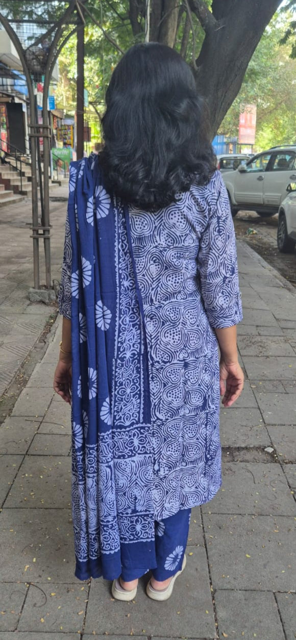 Blue Pure Batik Cotton Full Suit With Dupatta