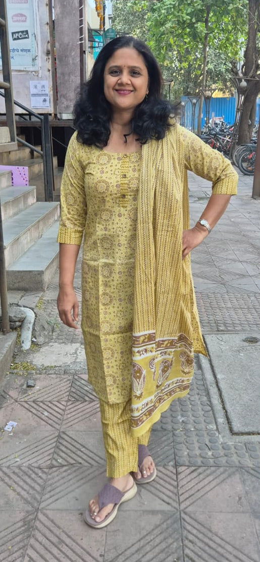 Mehendi Green Cotton Printed Full Suit With Dupatta