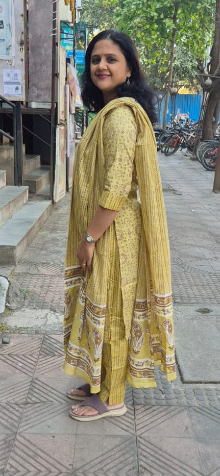Mehendi Green Cotton Printed Full Suit With Dupatta