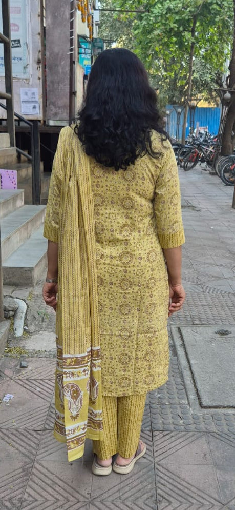Mehendi Green Cotton Printed Full Suit With Dupatta