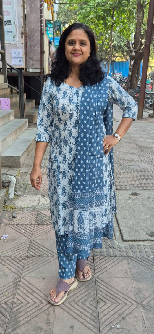 Grey Cotton Printed Full Suit With Dupatta