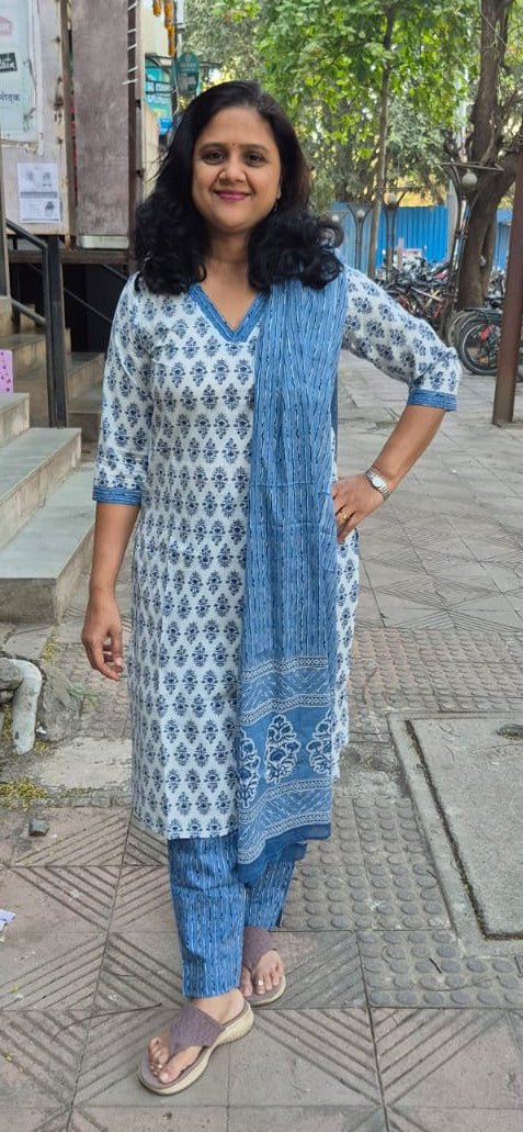 Blue Cotton Printed Full Suit With Dupatta