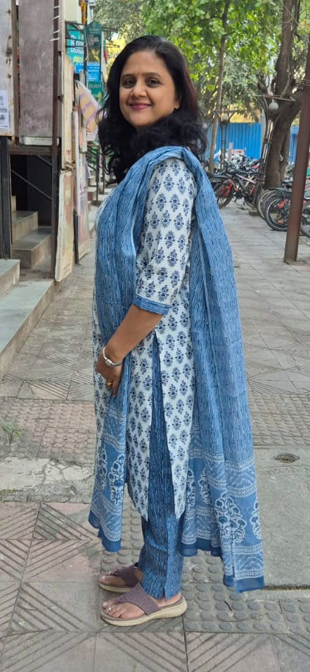 Blue Cotton Printed Full Suit With Dupatta