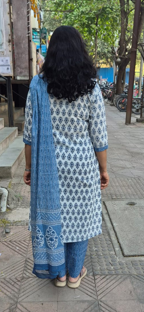 Blue Cotton Printed Full Suit With Dupatta
