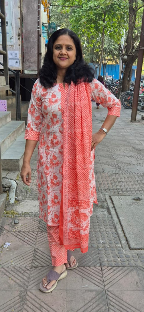 Orange Cotton Printed Full Suit With Dupatta