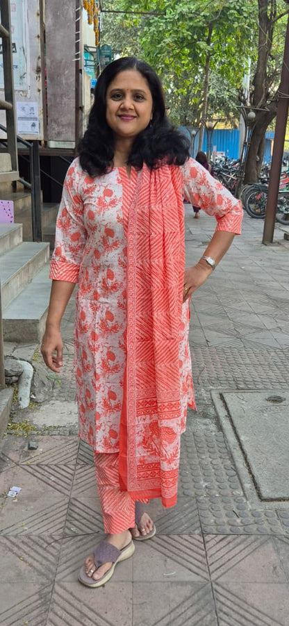 Orange Cotton Printed Full Suit With Dupatta
