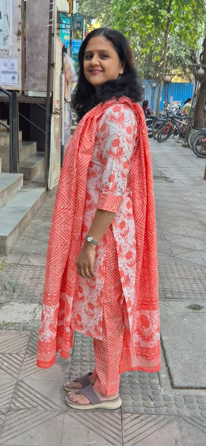 Orange Cotton Printed Full Suit With Dupatta
