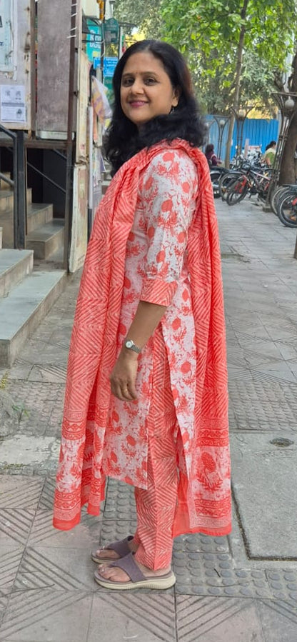 Orange Cotton Printed Full Suit With Dupatta