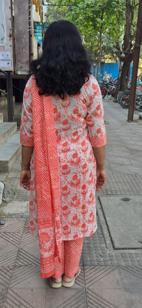 Orange Cotton Printed Full Suit With Dupatta