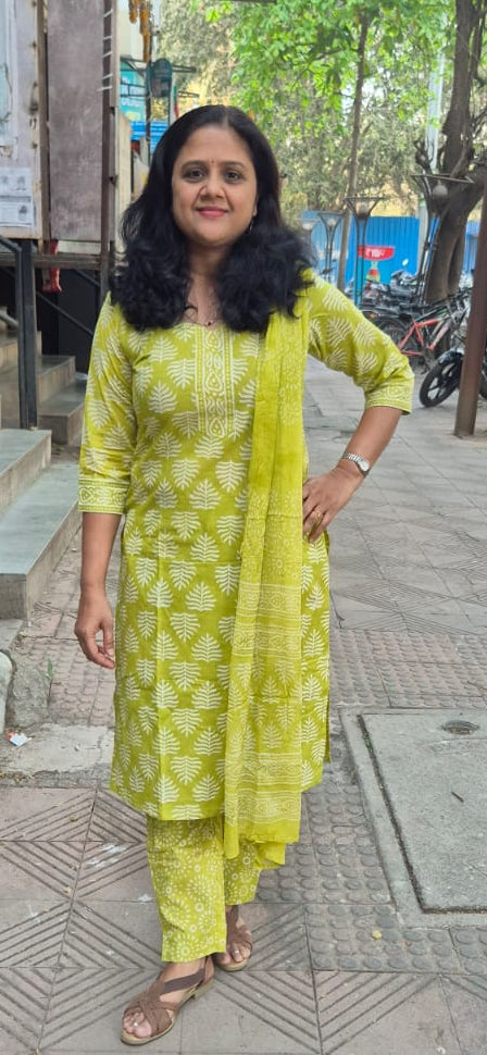 Parrot Green Cotton Handblock Printed Full Suit With Dupatta