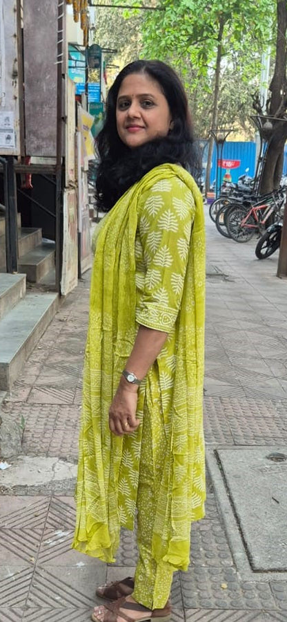 Parrot Green Cotton Handblock Printed Full Suit With Dupatta
