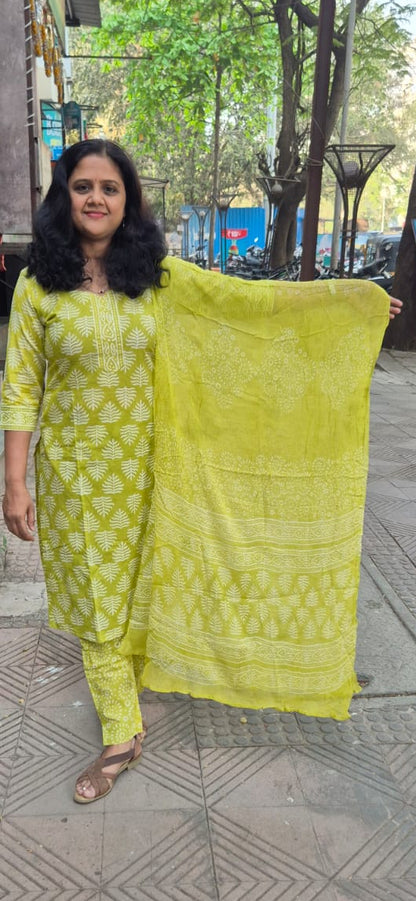 Parrot Green Cotton Handblock Printed Full Suit With Dupatta