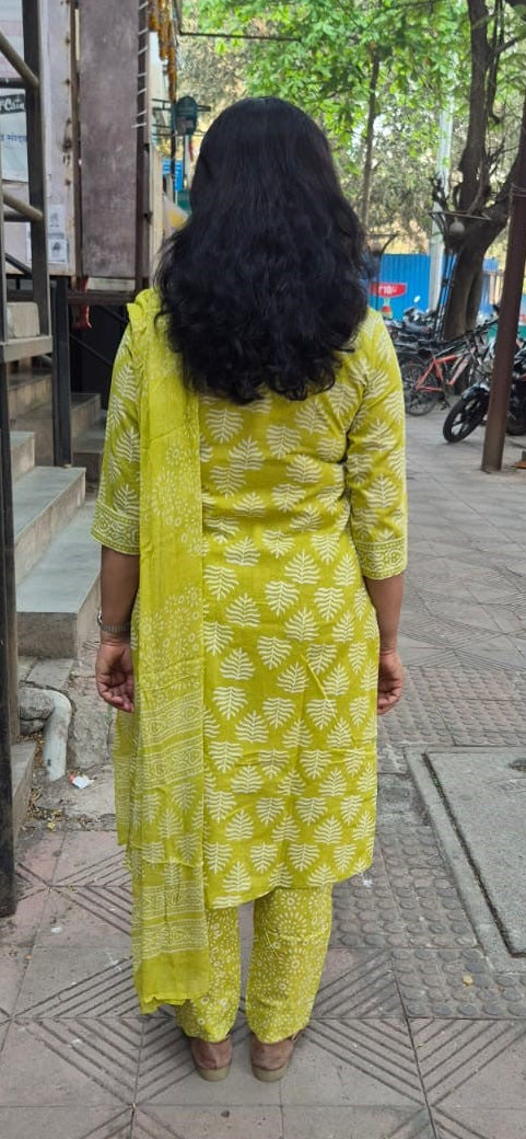Parrot Green Cotton Handblock Printed Full Suit With Dupatta