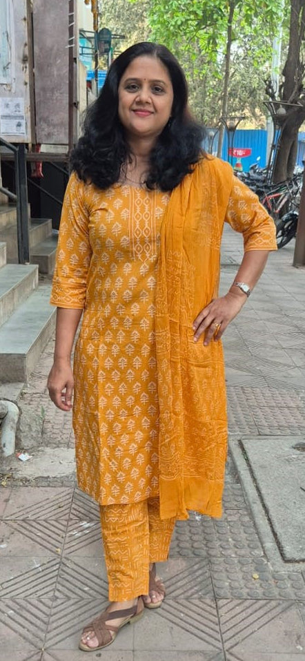 Mustard Yellow Cotton Handblock Printed Full Suit With Dupatta