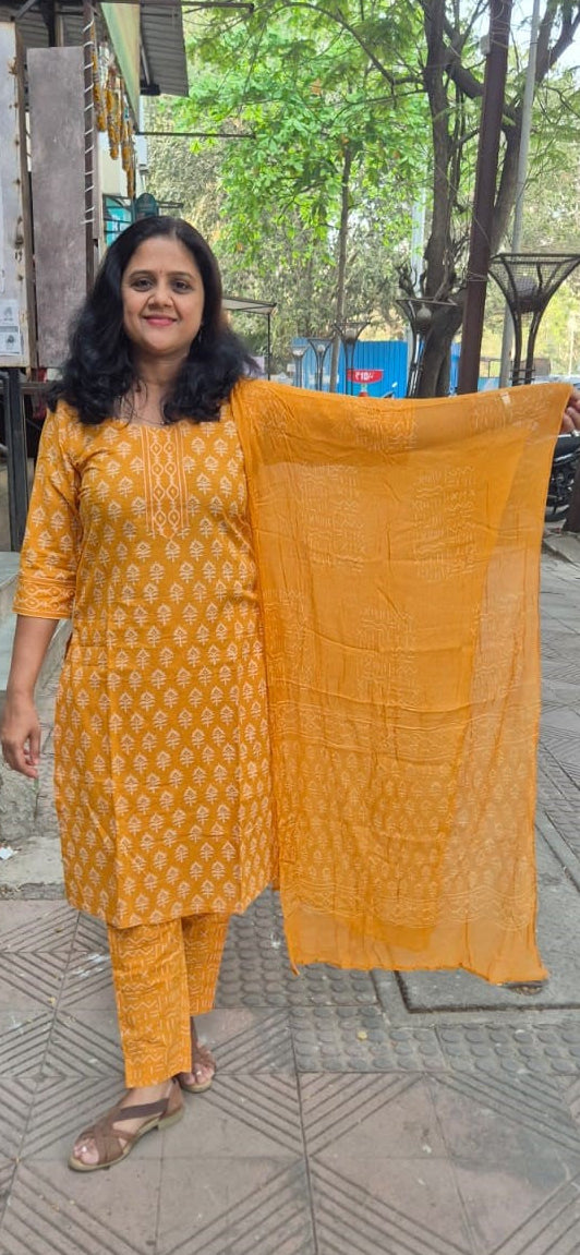 Mustard Yellow Cotton Handblock Printed Full Suit With Dupatta