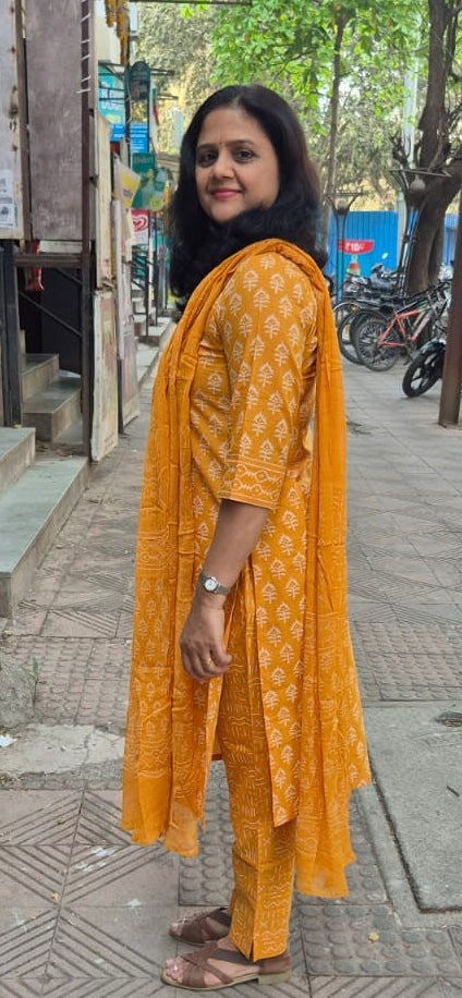 Mustard Yellow Cotton Handblock Printed Full Suit With Dupatta