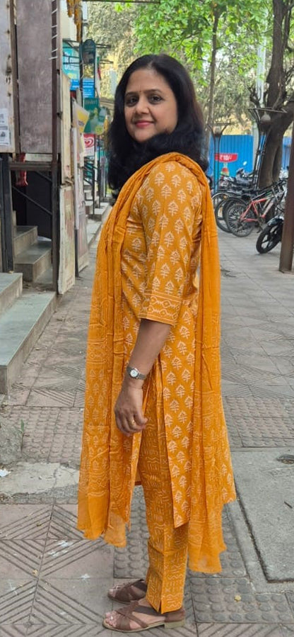 Mustard Yellow Cotton Handblock Printed Full Suit With Dupatta