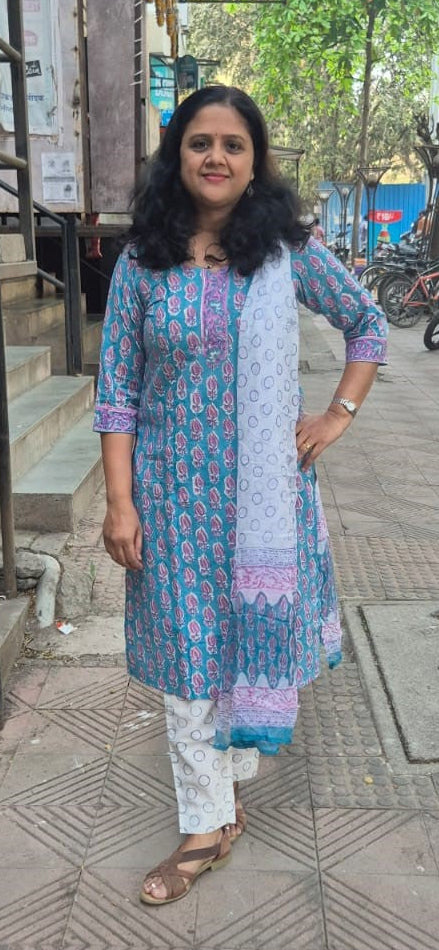 Sea Green Cotton Handblock  Printed Full Suit With Dupatta