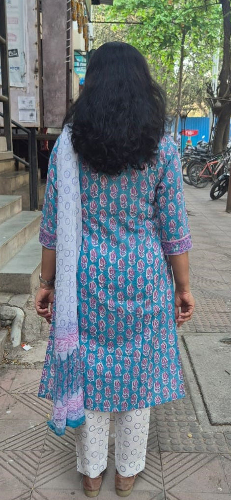 Sea Green Cotton Handblock  Printed Full Suit With Dupatta