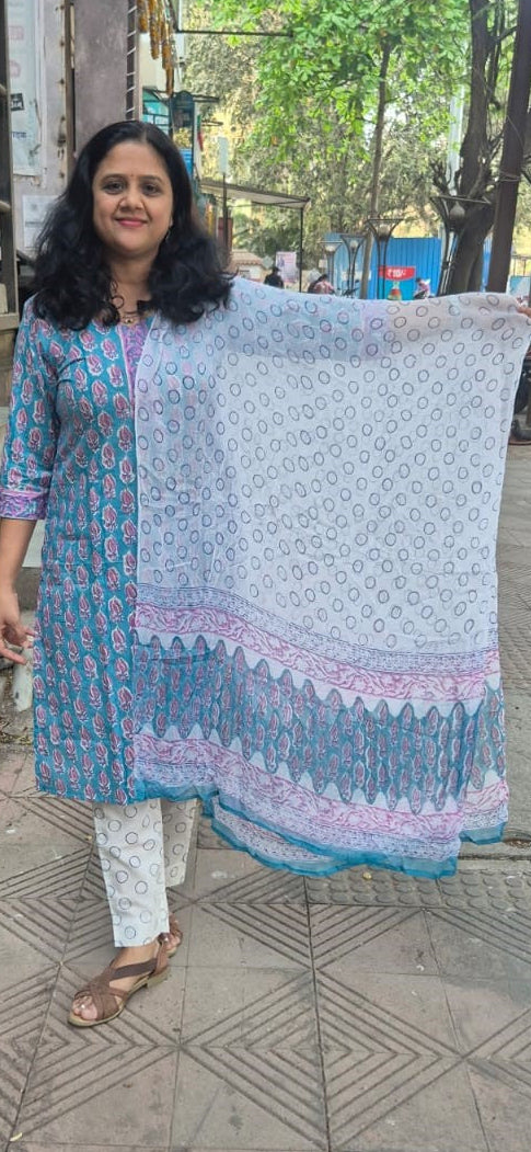 Sea Green Cotton Handblock  Printed Full Suit With Dupatta