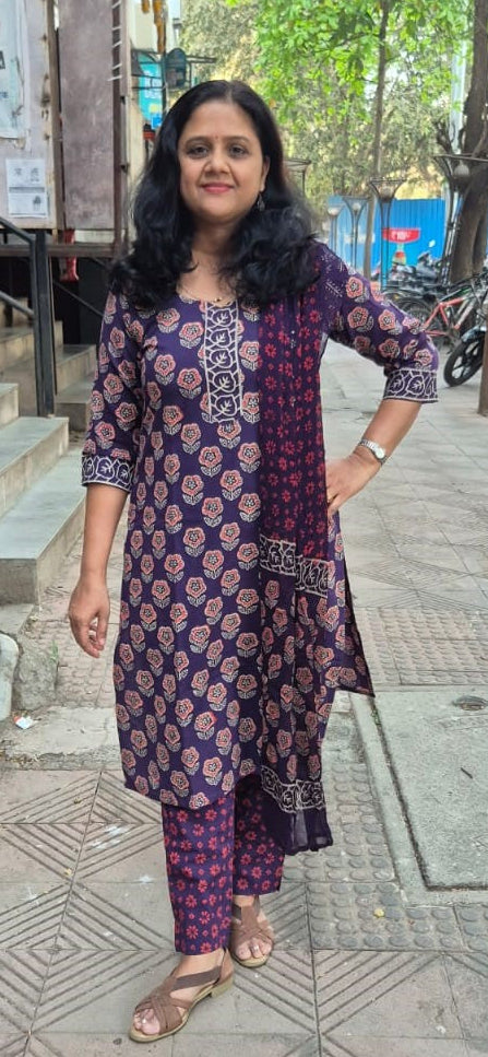 Violet Cotton Handblock Printed Full Suit With Dupatta
