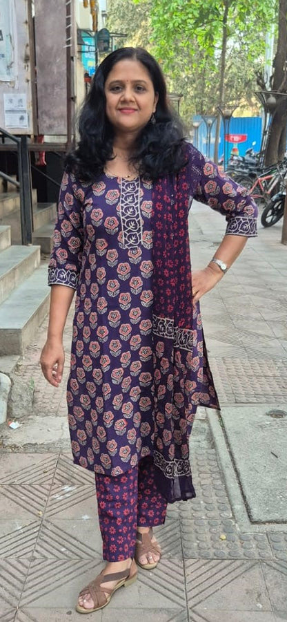 Violet Cotton Handblock Printed Full Suit With Dupatta