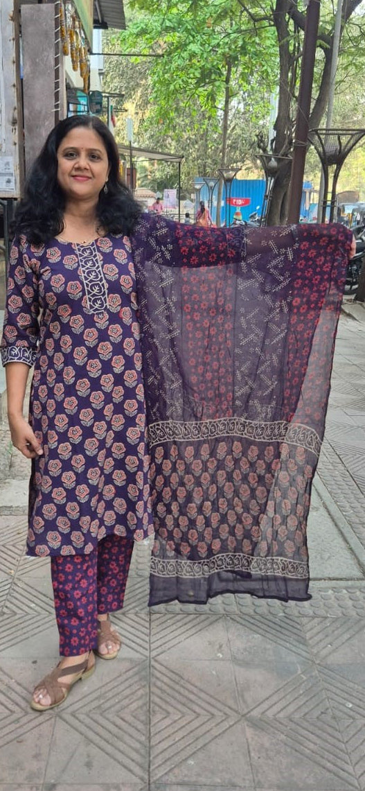 Violet Cotton Handblock Printed Full Suit With Dupatta