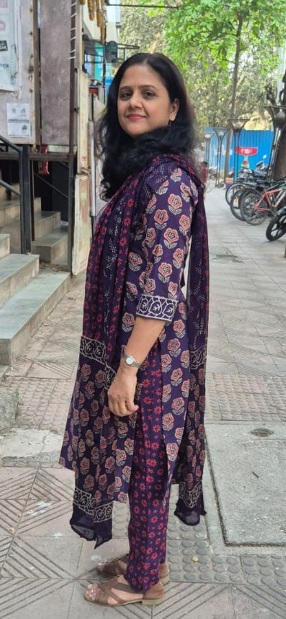 Violet Cotton Handblock Printed Full Suit With Dupatta